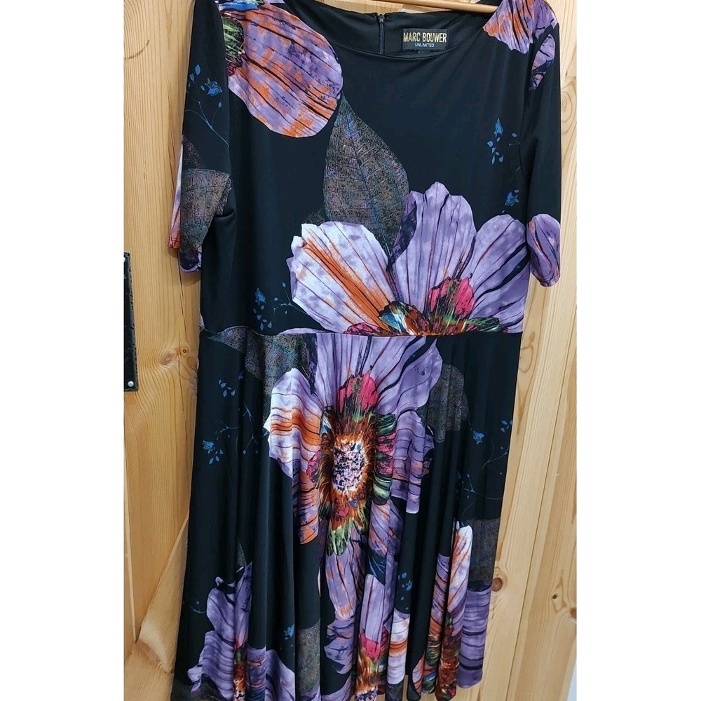 Marc Bouwer Anthropologie Purple Floral Print Fit Flare Midi Dress Sz 2X Wedding